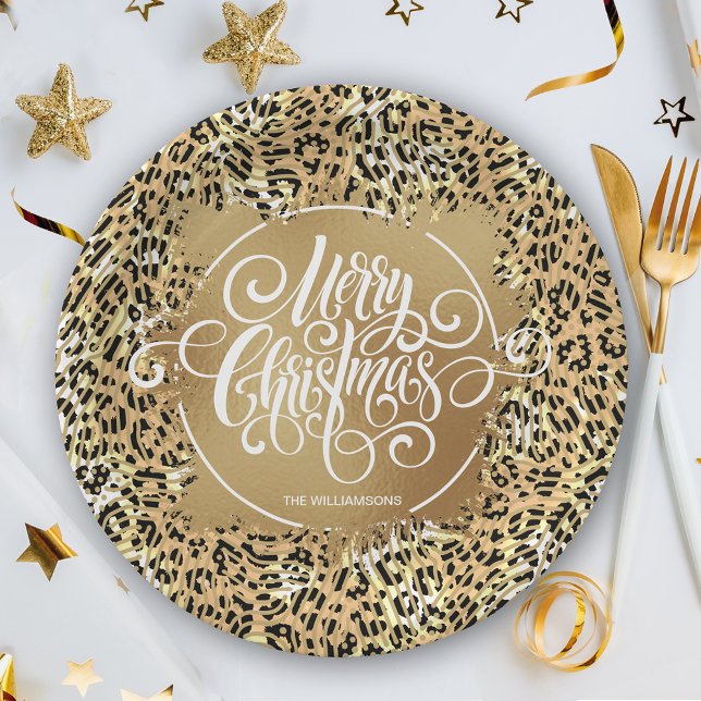 Assiettes En Carton Empreinte de léopard Gold Faux Foil Joyeux Noël (Créateur téléchargé)