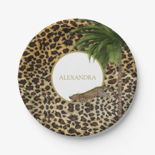 Assiettes En Carton Empreinte de léopard Motif Elegant Palm Personnel
