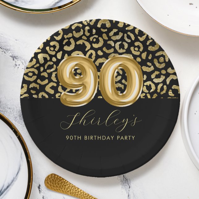Assiettes En Carton Empreinte de léopard Noir Chic Gold 90e anniversai (Créateur téléchargé)