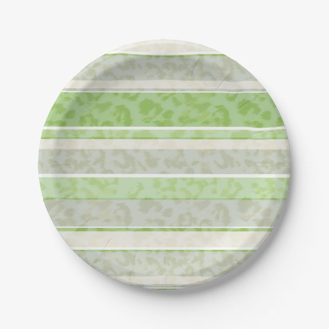 Assiettes En Carton Empreinte de léopard sur arrière - plan rayé. (Devant)