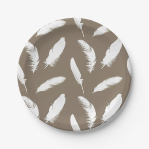 Assiettes En Carton Empreinte en plumes blanches sur tan taupe