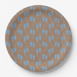 Assiettes En Carton Empreintes de bébé bleues sur fond marron