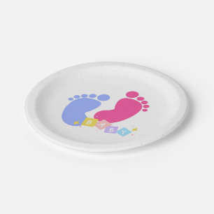 Assiettes En Carton Empreintes de bébé rose et bleu