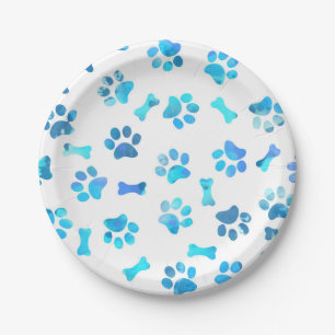Assiettes En Carton Empreintes de pattes d'aquarelle bleu