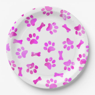 Assiettes En Carton Empreintes de pattes rose aquarelle