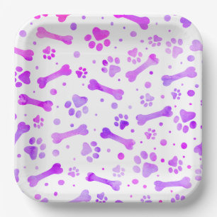 Assiettes En Carton Empreintes de pattes rose violet Carré d'aquarelle