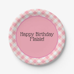 Assiettes En Carton En vichy Anniversaire rose et blanc