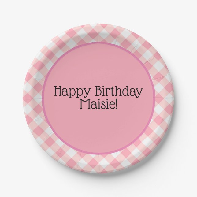 Assiettes En Carton En vichy Anniversaire rose et blanc (Devant)