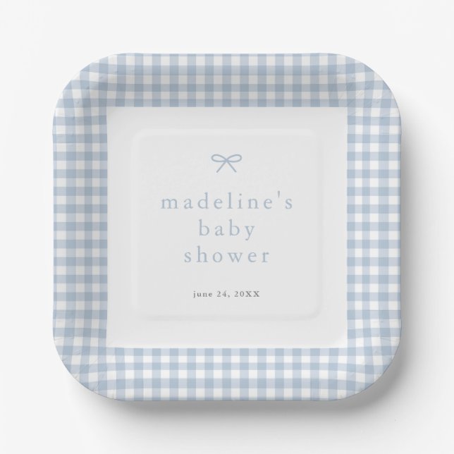 Assiettes En Carton en vichy Baby shower simple Bow Dusty Blue Boys (Recto)