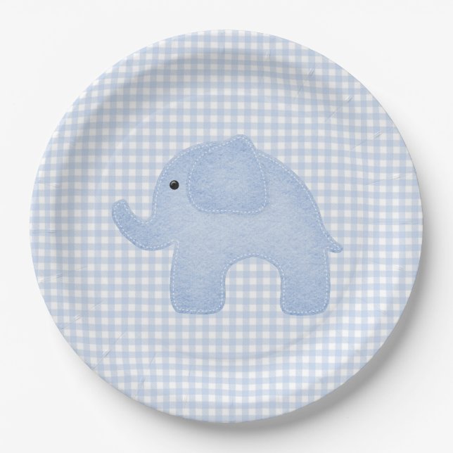 Assiettes En Carton En vichy bleu bébé garçon Baby shower éléphant (Devant)