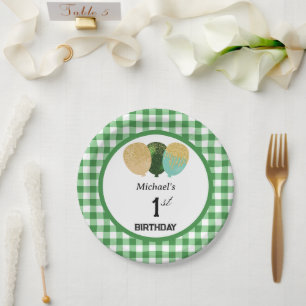 Assiettes En Carton En vichy et ballons verts 1er anniversaire