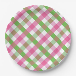 Assiettes En Carton En vichy Motif vert et rose