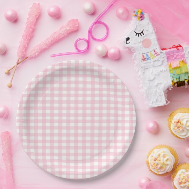 Assiettes En Carton En vichy rose (Fête)