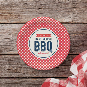 Assiettes En Carton En vichy rouge et Baby shower bleu barbecue