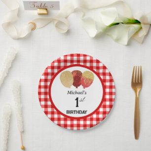 Assiettes En Carton En vichy rouge et ballons 1er anniversaire
