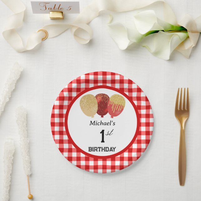 Assiettes En Carton En vichy rouge et ballons 1er anniversaire (Mariage)