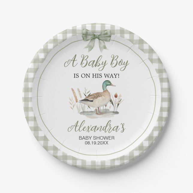 Assiettes En Carton en vichy Sage Green Mallard Duck Baby shower (Devant)