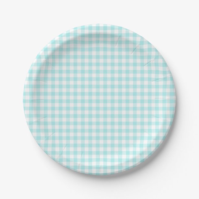 Assiettes En Carton En vichy Turquoise pâle personnalisée (Devant)