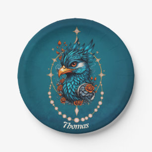 Assiettes En Carton Enchantant oiseau bleu majestueux.
