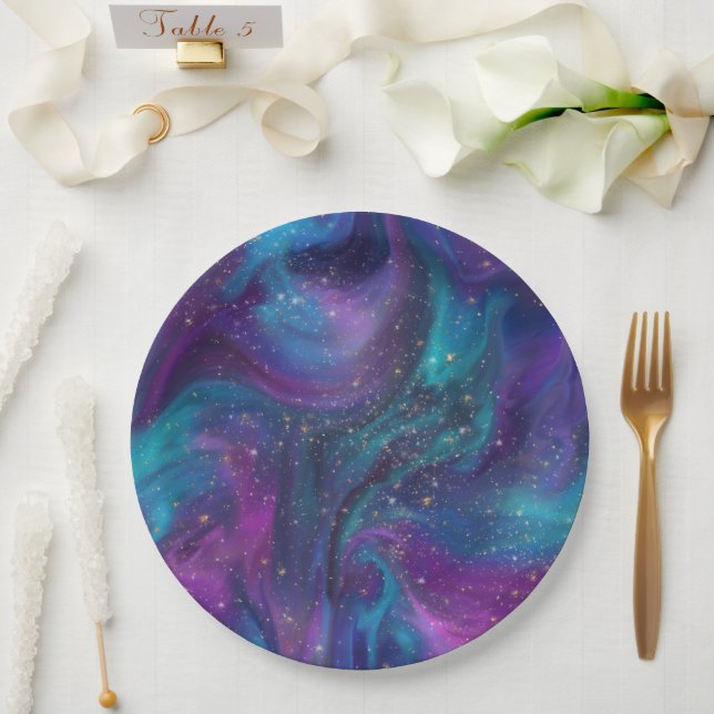 Assiettes En Carton Encre cosmique | Turquoise bleu violet Galaxie Neb (Mariage)