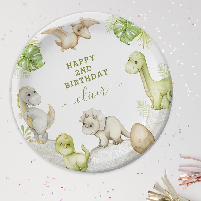 Assiettes En Carton Enfants Aquarelle Dinosaur fête d'anniversaire (Créateur téléchargé)