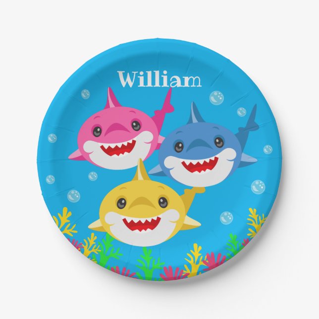 Assiettes En Carton Enfants requin et famille Anniversaire personnalis (Devant)