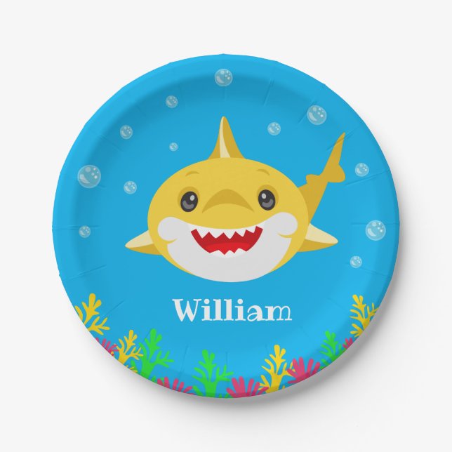 Assiettes En Carton Enfants requin jaune Personnalisé Anniversaire (Devant)