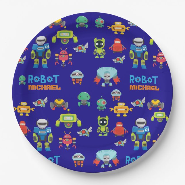 Assiettes En Carton Enfants ROBOT Anniversaire Fête Bleu Drôle Carton (Devant)