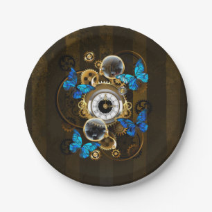 Assiettes En Carton Engrenages à vapeur et papillons bleus