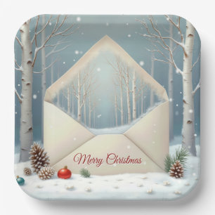 Assiettes En Carton Enveloppe Joyeuse de Noël avec bouleaux