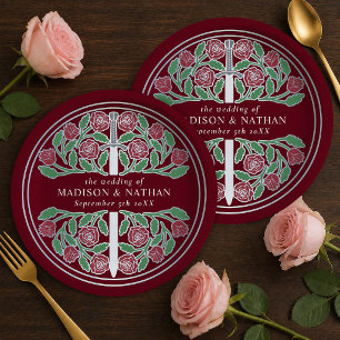 Assiettes En Carton Épée florale médiévale royale rouge argentée de ma