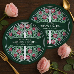 Assiettes En Carton Épée florale médiévale royale verte argentée de ma