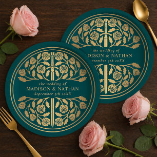 Assiettes En Carton Épée Médiévale Royale Sarcelle Dorée Mariage