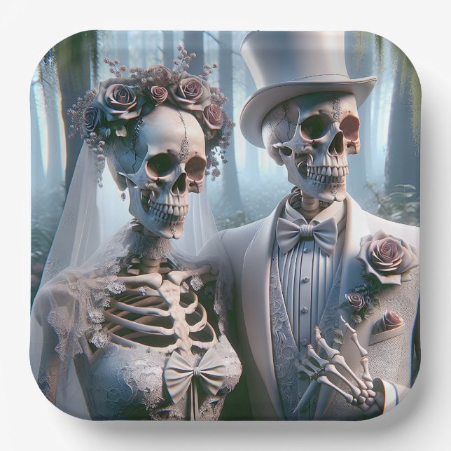 Assiettes En Carton Épouse Et Épouse D'Halloween En Forêt (Recto)