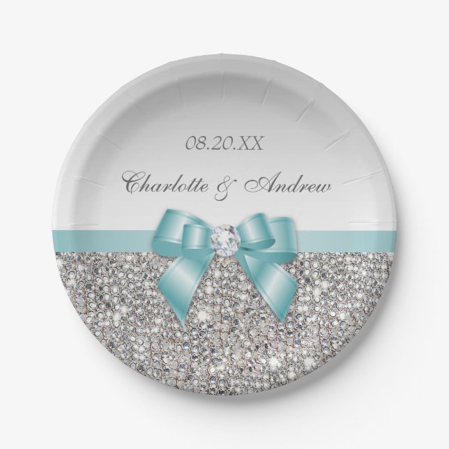 Assiettes En Carton Épouser turquoise de paillettes d'argent d'arc de (Devant)