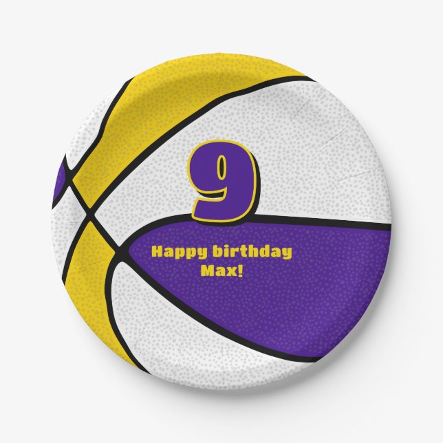 Assiettes En Carton équipe de basket-ball en or violet couleurs sport (Devant)