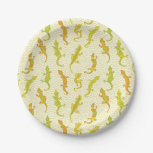 Assiettes En Carton Escalade de roche Geckos sur jaune - motif sans so