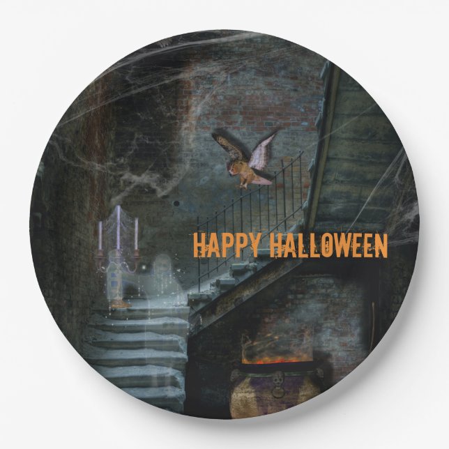 Assiettes En Carton Escalier ensorcelé Halloween (Devant)