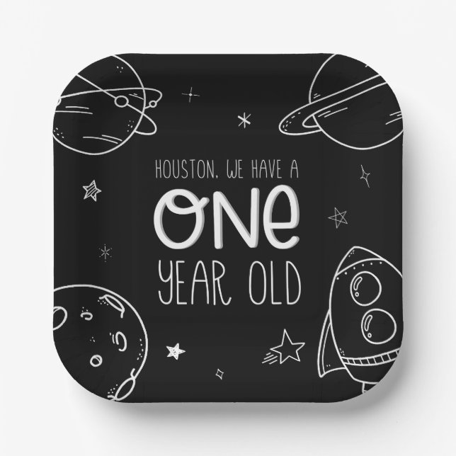 Assiettes En Carton Espace 1er Anniversaire - Houston Un An - Plaques (Recto)