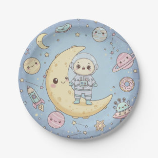 Assiettes En Carton Espace Mignon Kawaii - Astronaute et Lune Souriant