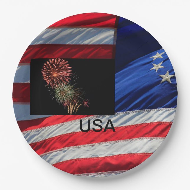 Assiettes En Carton États-Unis Drapeau et feux d'artifice (Devant)