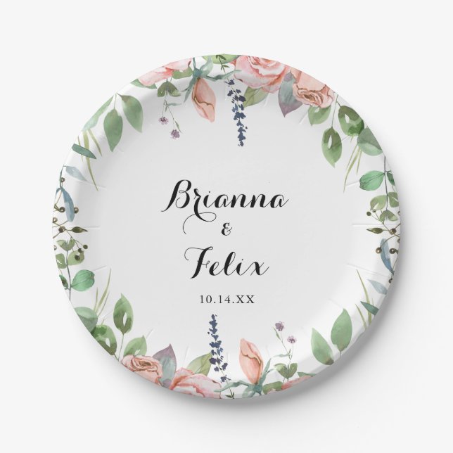Assiettes En Carton Été Breeze Floral Calligraphie Mariage Gâteau (Devant)