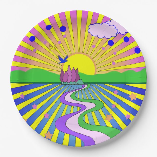 Assiettes En Carton Été d'amour Psychédélique Soixante-dix Sunburst    (Devant)
