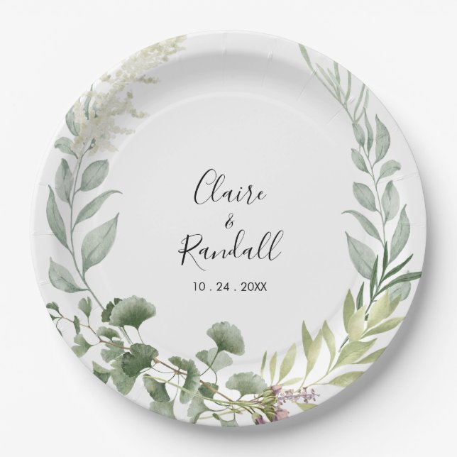 Assiettes En Carton Été Floral Vert Folithe Blanc Mariage (Devant)