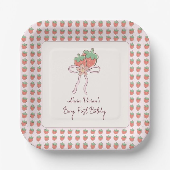 Assiettes En Carton Été, Fraises, Ruban 1er anniversaire fête (Recto)