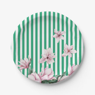 Assiettes En Carton Été, printemps, imprimé magnolia rayé vert