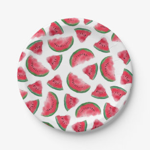 Assiettes En Carton Eté Rouge Vert pastèque Motif d'aquarelle