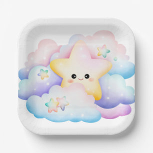 ASSIETTES EN CARTON ÉTOILE SOURIANTE ET NUAGES COLORÉS PASTEL