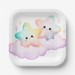 ASSIETTES EN CARTON ÉTOILE SOURIANTE ET NUAGES COLORÉS PASTEL