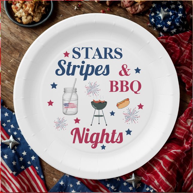 Assiettes En Carton Étoiles, bandes & Nuits de barbecue - Fête patriot (Créateur téléchargé)